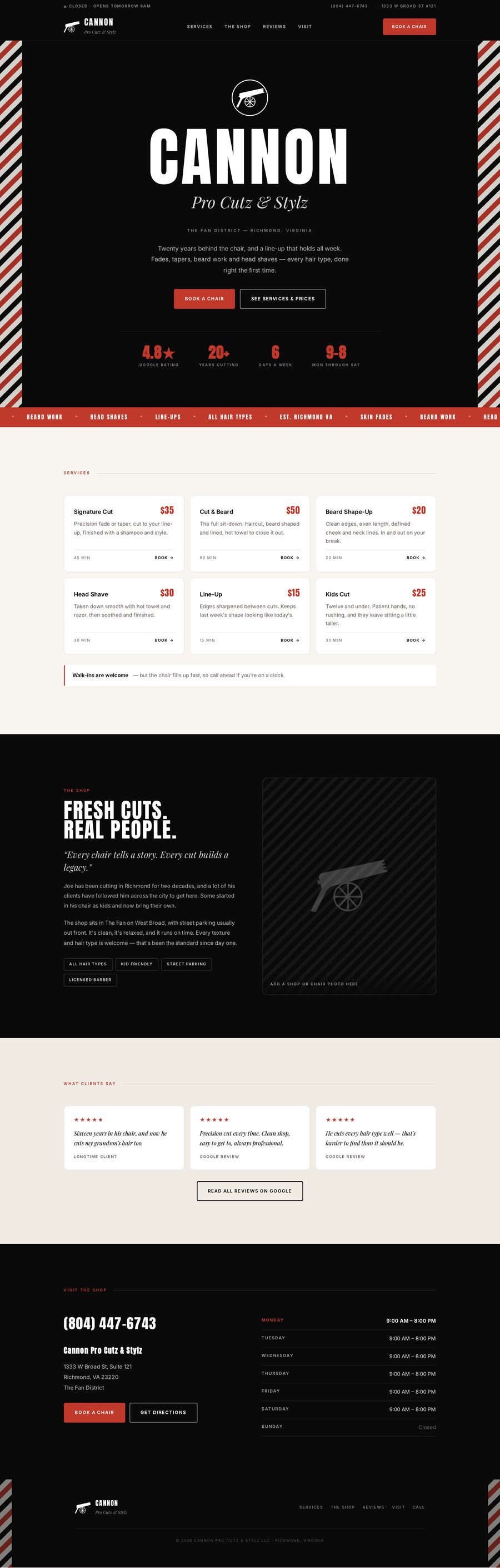 The complete Cannon Pro Cutz & Stylz website, full page
