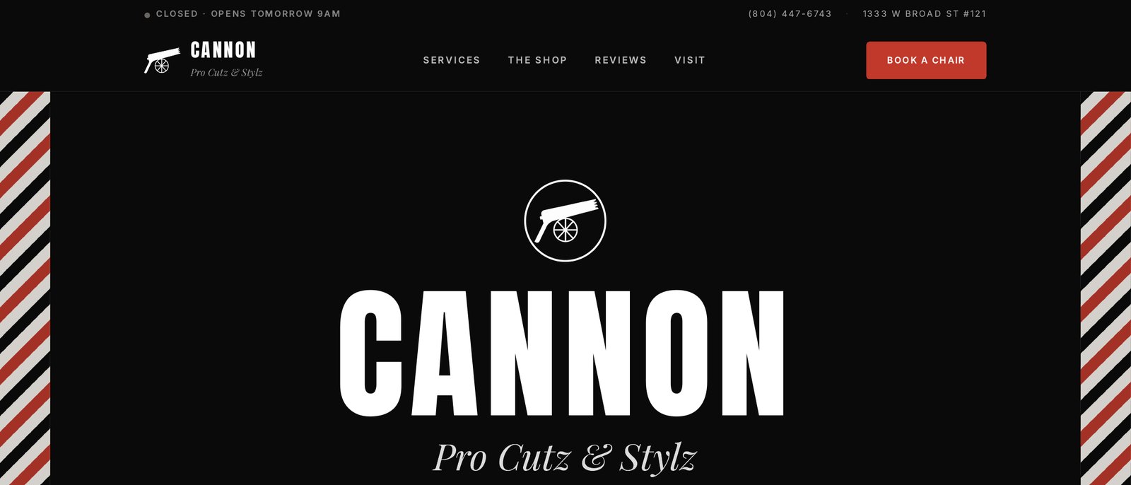 Cannon Pro Cutz & Stylz website hero — the wordmark on black with barber-pole edges