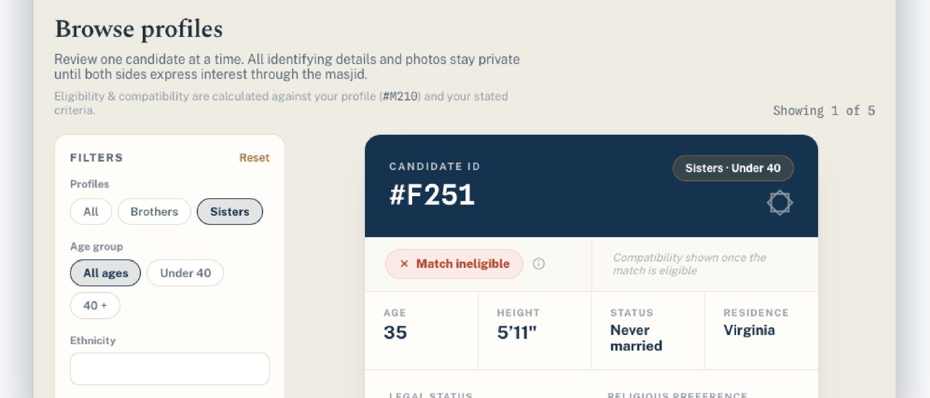Masjid Matrimony — browsing a de-identified candidate profile